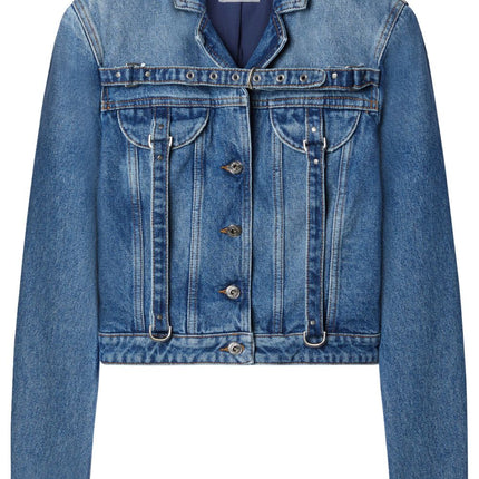 Off White Crop Denim Jacket With Belt