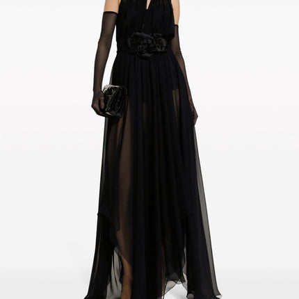Dolce & Gabbana Long silk chiffon dress with floral appliqué