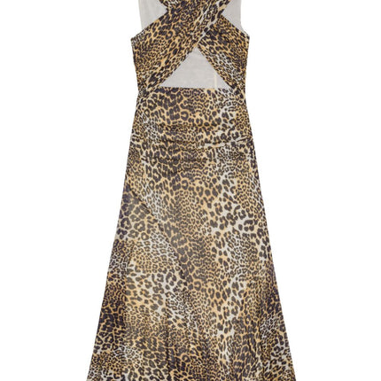 Ganni Leopard Marl Mesh Long Ruched Crossover Dress