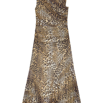 Ganni Leopard Marl Mesh Long Ruched Crossover Dress
