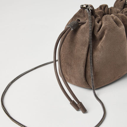 Brunello Cucinelli Mellow mini bucket bag in suede with precious chain