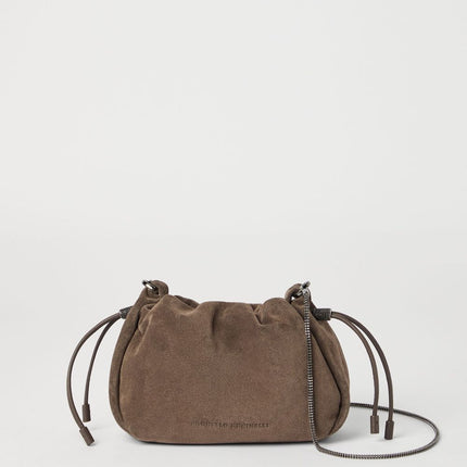 Brunello Cucinelli Mellow mini bucket bag in suede with precious chain