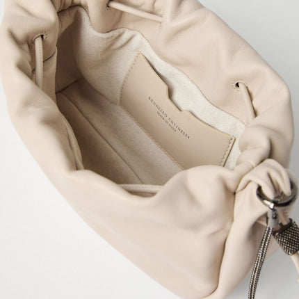 Brunello Cucinelli Bucket Mellow mini bag in Soft leather with Precious Chain