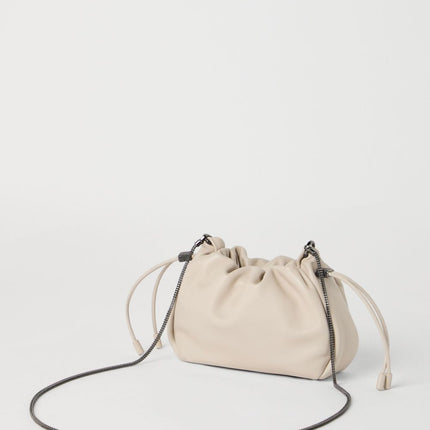 Brunello Cucinelli Bucket Mellow mini bag in Soft leather with Precious Chain