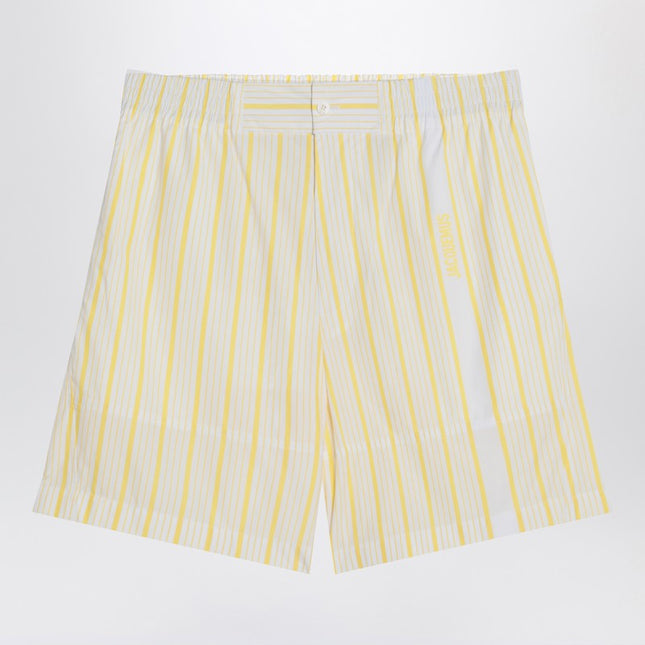 JACQUEMUS White, yellow striped bermuda shorts with logo