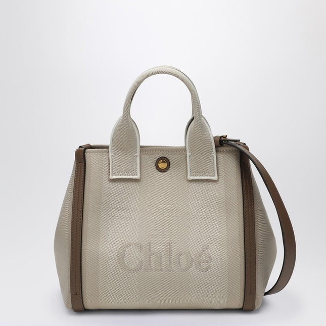 Chloé Carry Small tote bag in beige striped canvas