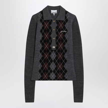 GANNI Grey polo with wool diamonds