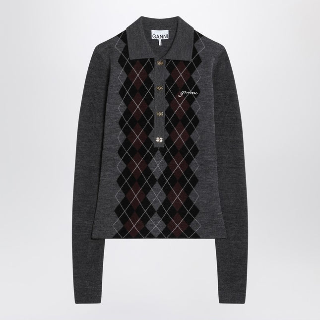 GANNI Grey polo with wool diamonds