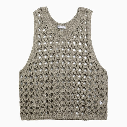 Brunello Cucinelli Dark green perforated cotton-blend tank top