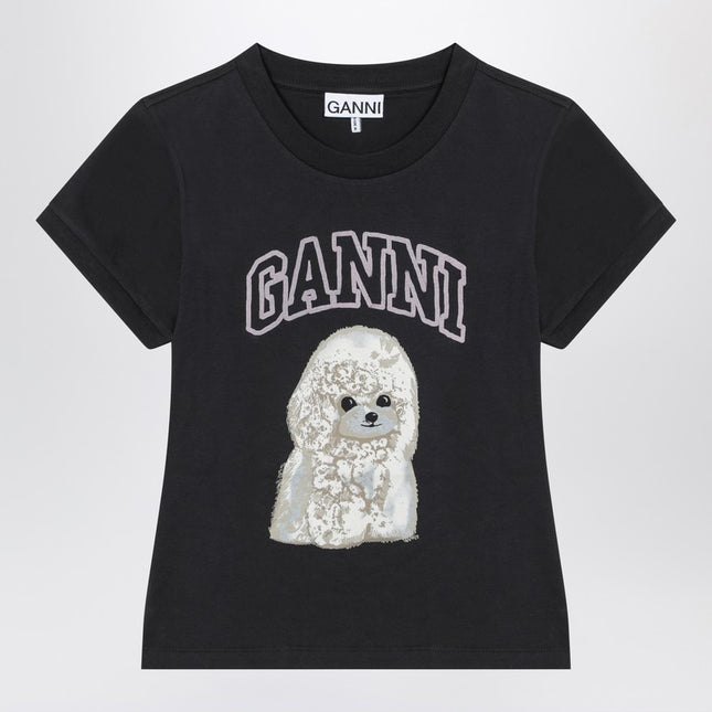GANNI Washed black T-shirt with poodle print